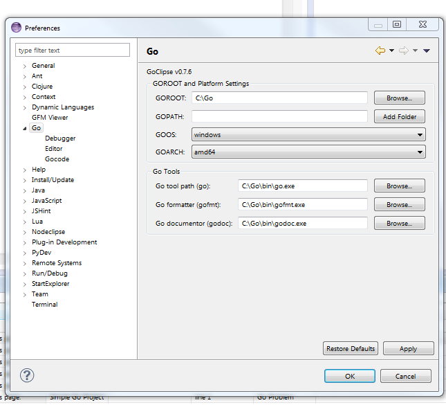 Invalid Go language settings. Please adjust on the Go preferences page.